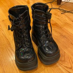 Demonia Shaker-52 black vegan holographic platform ankle boots